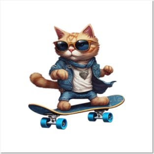 a cat riding a skateboard wearing sunglasses Posters and Art